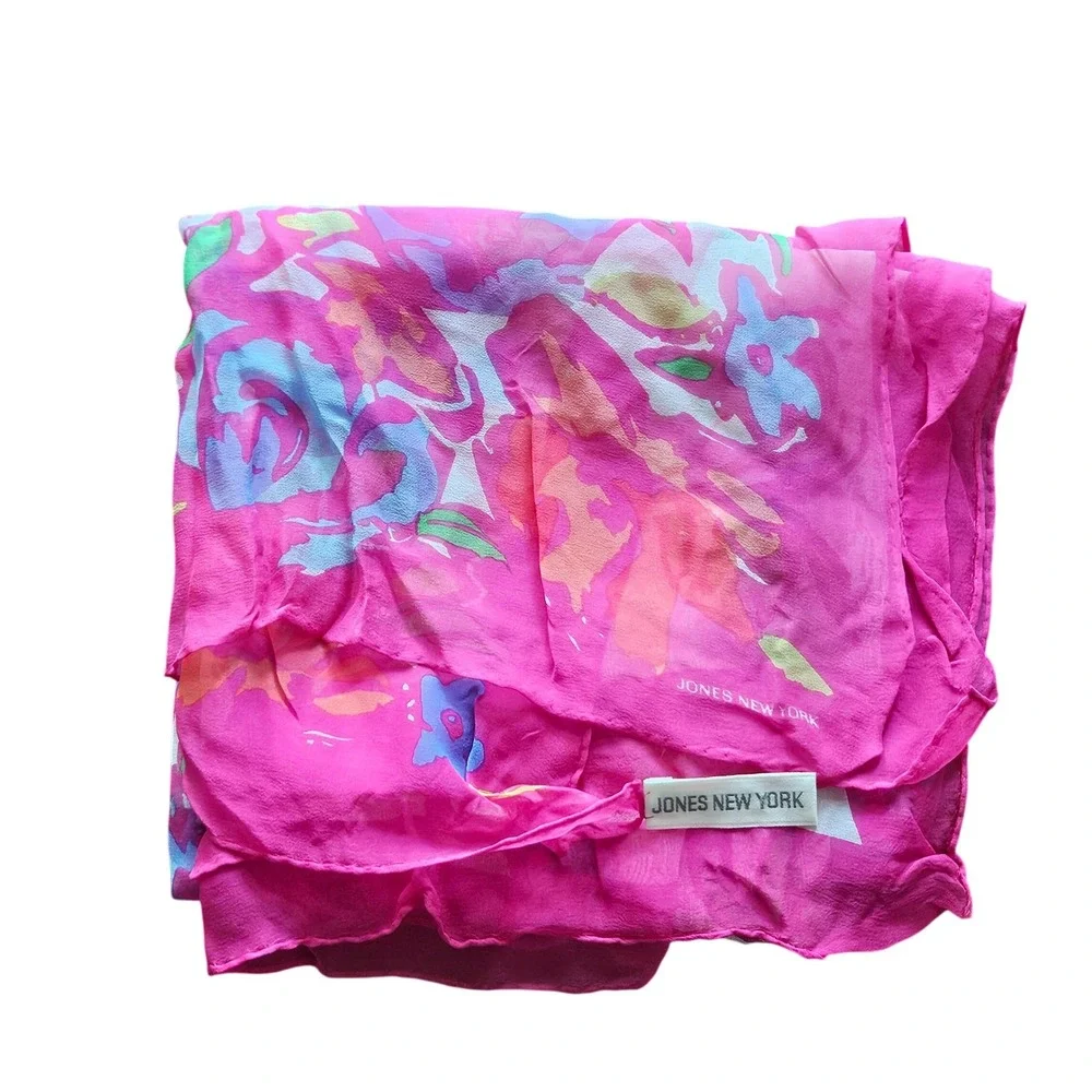 Jones New‎ York Silk Scarf 35x35 Fuchsia Pink Floral Watercolor Japan Wrap